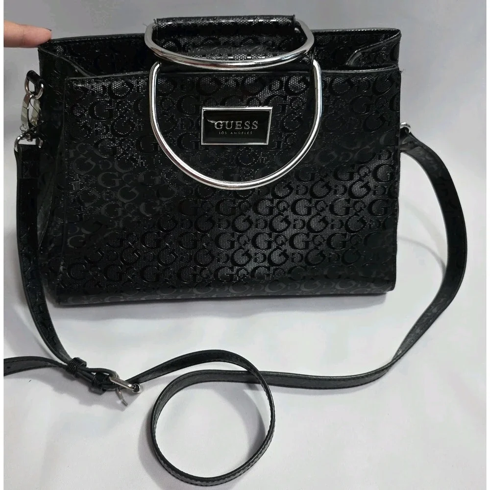 Guess Black Logo Satchel Handbag Silver Handle Crossbody Strap Spacious Bag - Picture 2 of 11